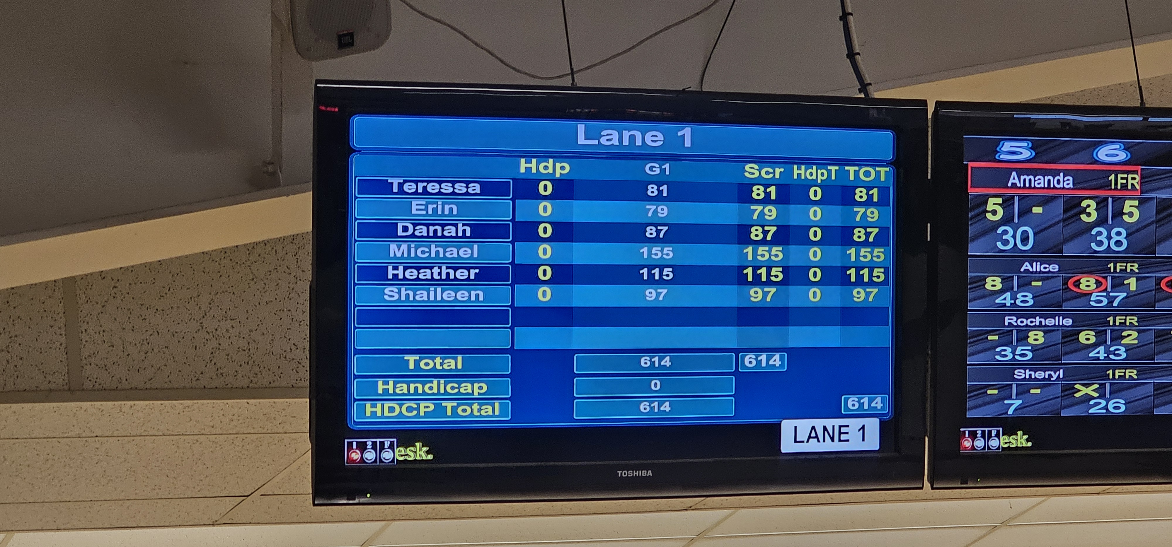 Close-up of two bowling lane scoring monitors displaying scores for multiple players.