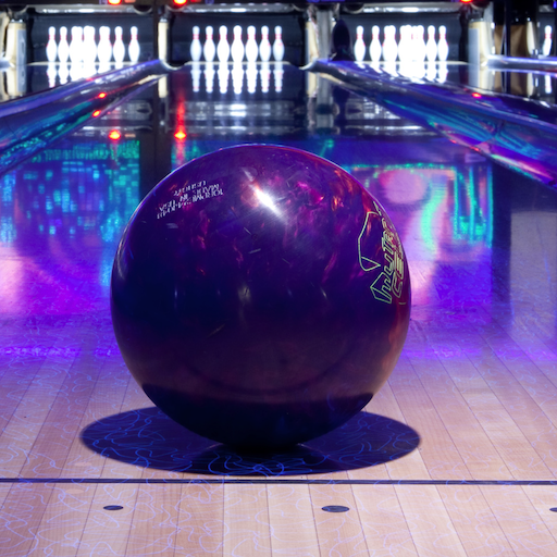 A marbled purple bowling ball sits on a bowling lane under vibrant blue and purple cosmic lighting.