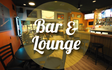 Interior view of a bowling center bar and lounge with stools, tables, and a large Bar and Lounge text overlay.