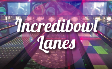 Branded graphic for Incredibowl Lanes showing neon bowling lanes with glow-in-the-dark patterns.