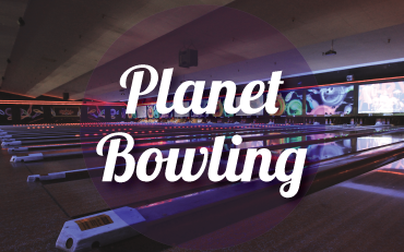 Bowling lanes under purple cosmic lighting with a text overlay that says Planet Bowling.