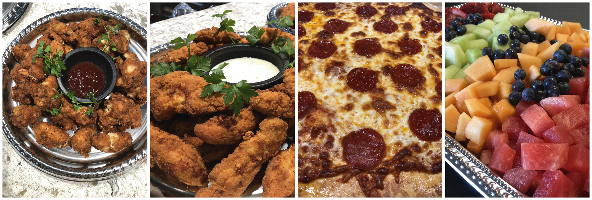 Four panels showing chicken wings, chicken tenders, a pepperoni pizza, and a platter of fresh fruit.