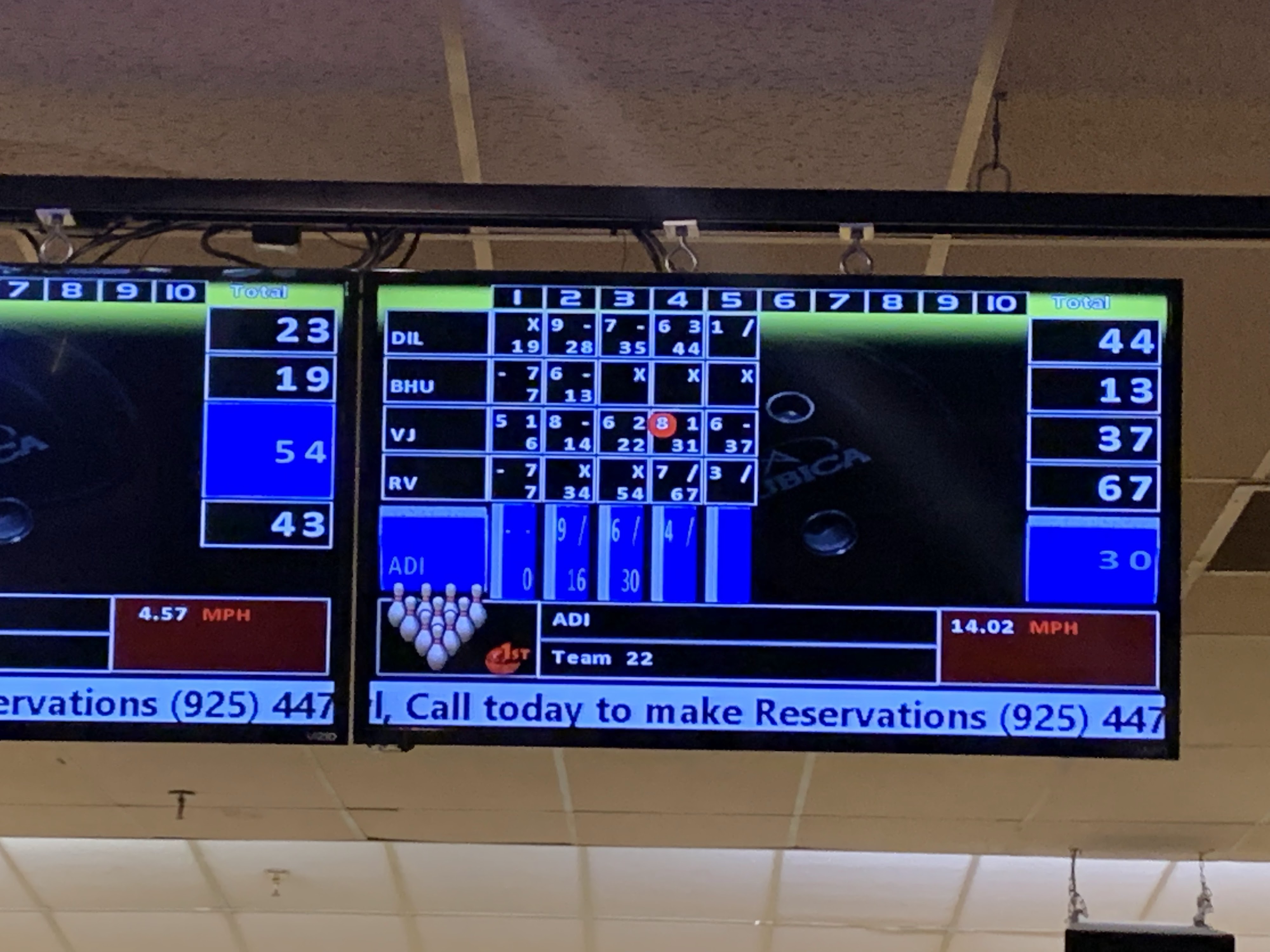 A digital bowling scoreboard showing scores for several players on lane twenty-two.
