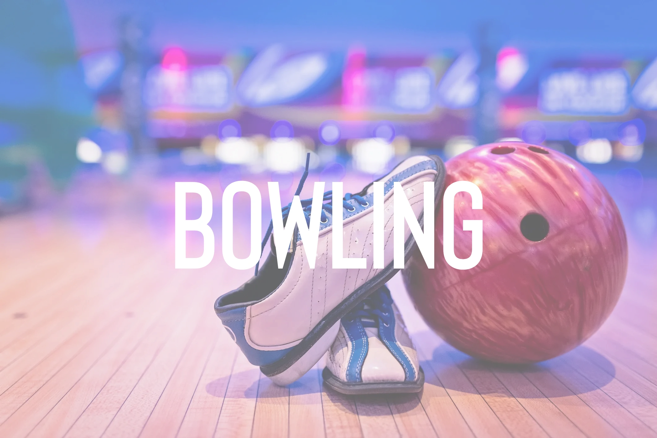 A red bowling ball and white bowling shoes on a lane with the word BOWLING in large white letters.