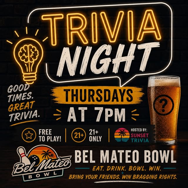 A graphic promoting "Trivia Night" at Bel Mateo Bowl, featuring neon-style text, a lightbulb with a brain, and a glass of beer.