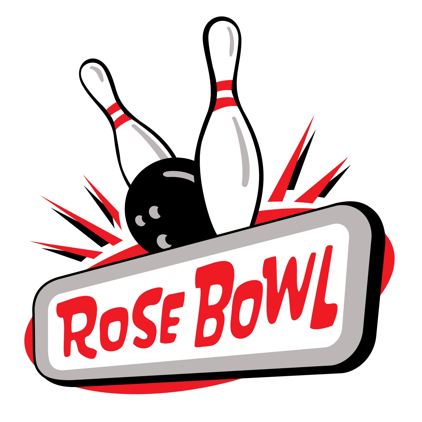 Rose Bowl logo featuring a black bowling ball hitting two white bowling pins.
