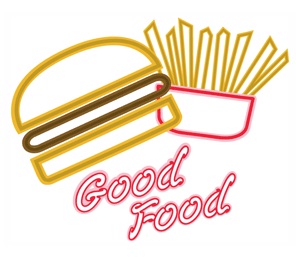 Clip art illustration of a hamburger and french fries with the text Good Food written in pink script.