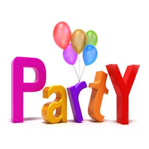3D colorful letters spelling Party with five balloons floating above them on a white background.
