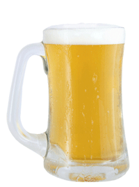 A frosted glass mug filled with light beer and white foam.