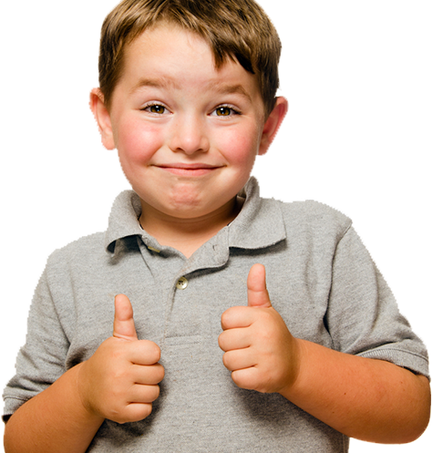 A young boy in a grey polo shirt giving two thumbs up against a white background.