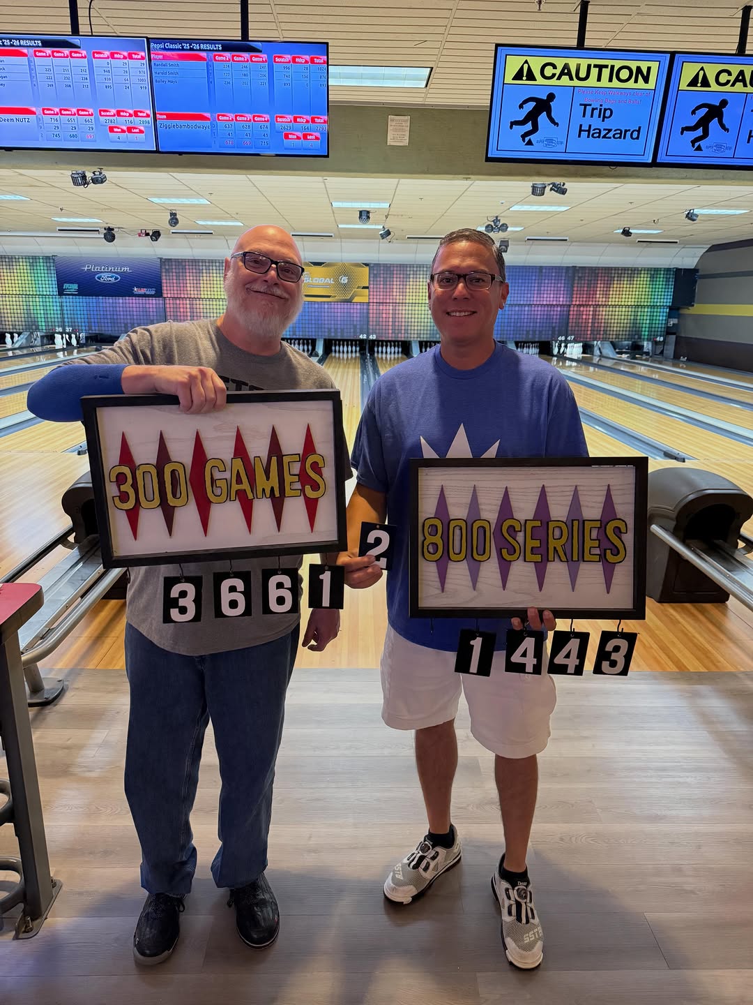 Two men at Plano Super Bowl hold signs celebrating 3,661 perfect games and 1,443 800-series scores.