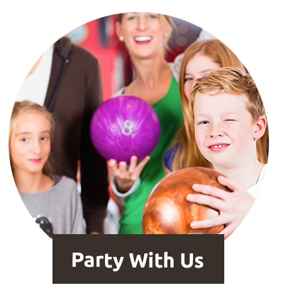 A smiling family holding bowling balls inside a circular frame with a banner that says Party With Us.