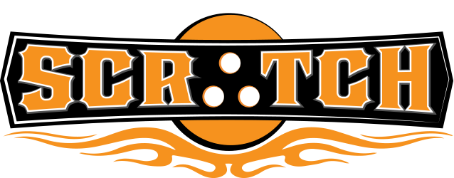 Orange and black Scratch logo featuring a bowling ball and flame designs.