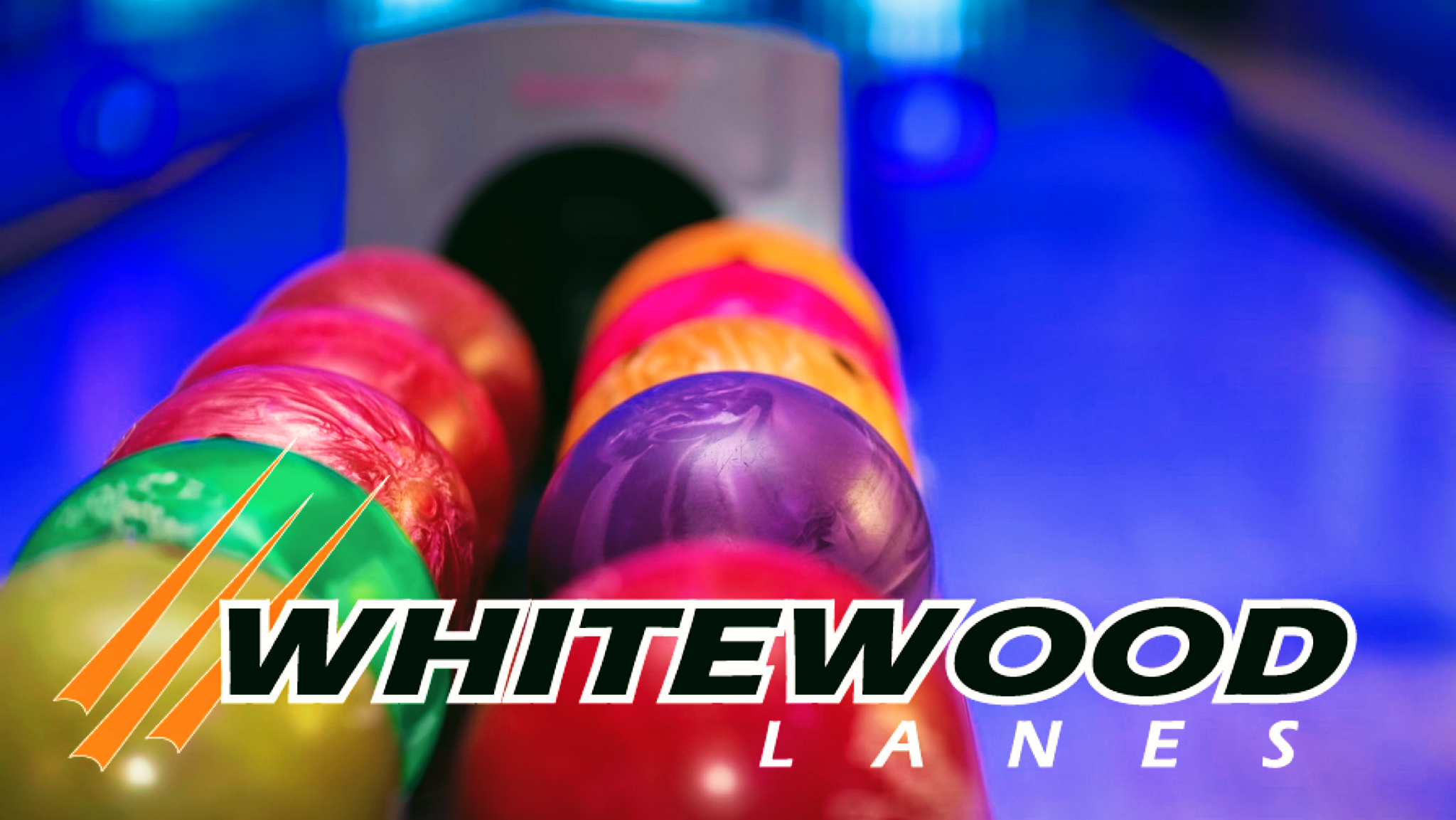 Close-up of colorful bowling balls in a ball return rack, with the Whitewood Lanes logo overlaid.