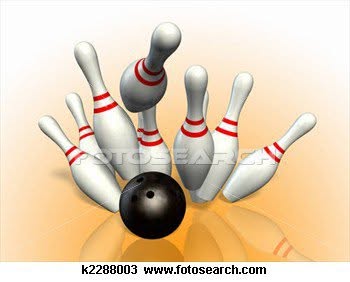 A black bowling ball strikes a cluster of white bowling pins with red stripes, causing some to fall.