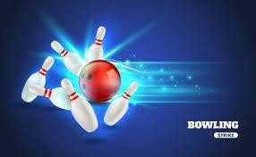A red bowling ball strikes white bowling pins on a blue background with light streaks.