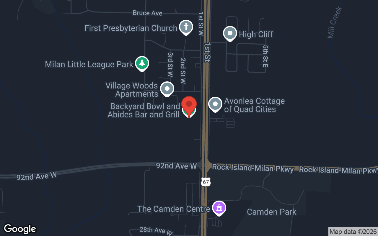 Map to Backyard Bowl and Abides Bar and Grill