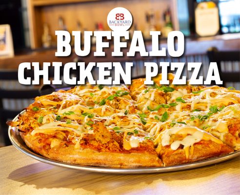 A close-up of a buffalo chicken pizza with the Backyard Bowl logo and promotional text.