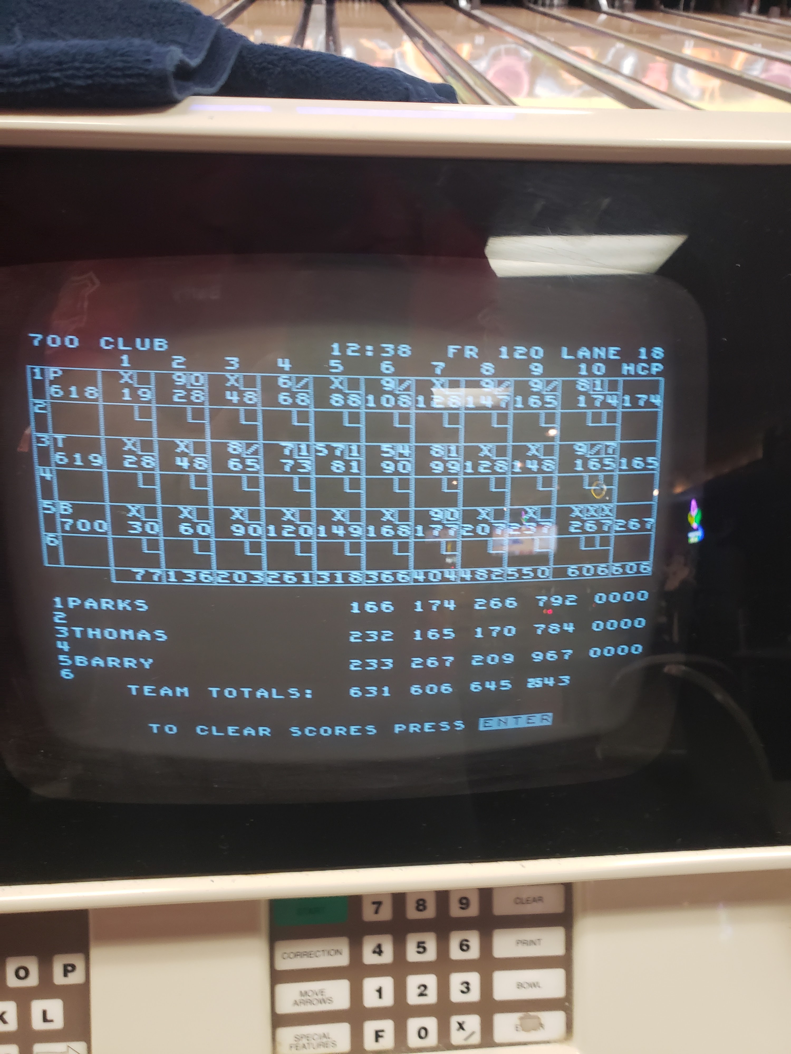 A close-up of a vintage bowling score monitor showing high scores and multiple strikes.