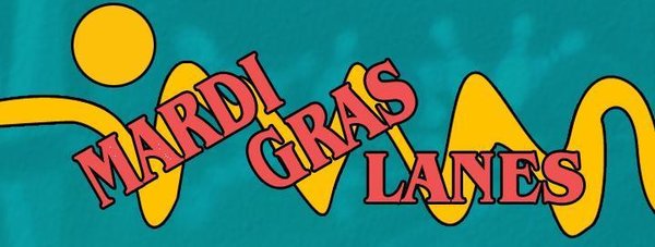 Mardi Gras Lanes logo with red text and yellow graphic elements on a teal background.