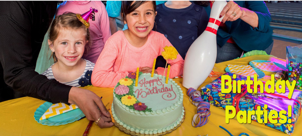 Two smiling girls behind a birthday cake with a bowling pin and text that says Birthday Parties.
