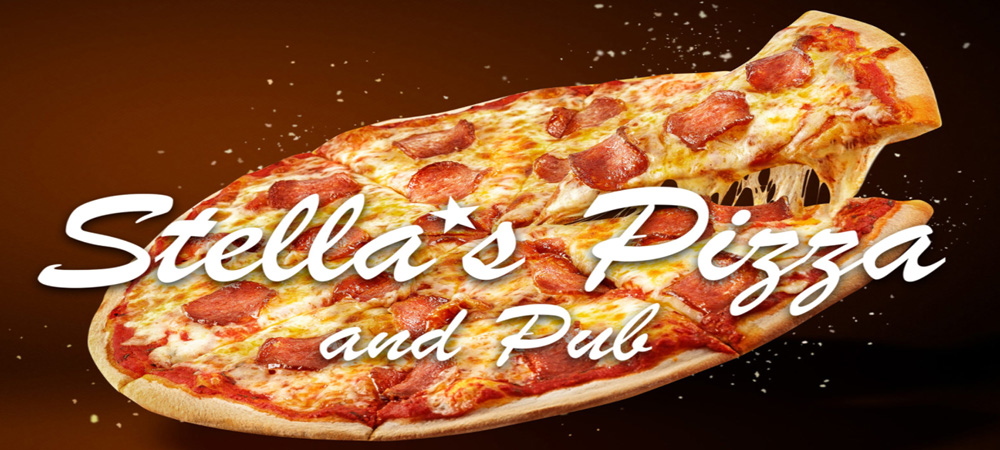 Stella's Pizza and Pub logo over a pepperoni pizza with a slice being lifted.