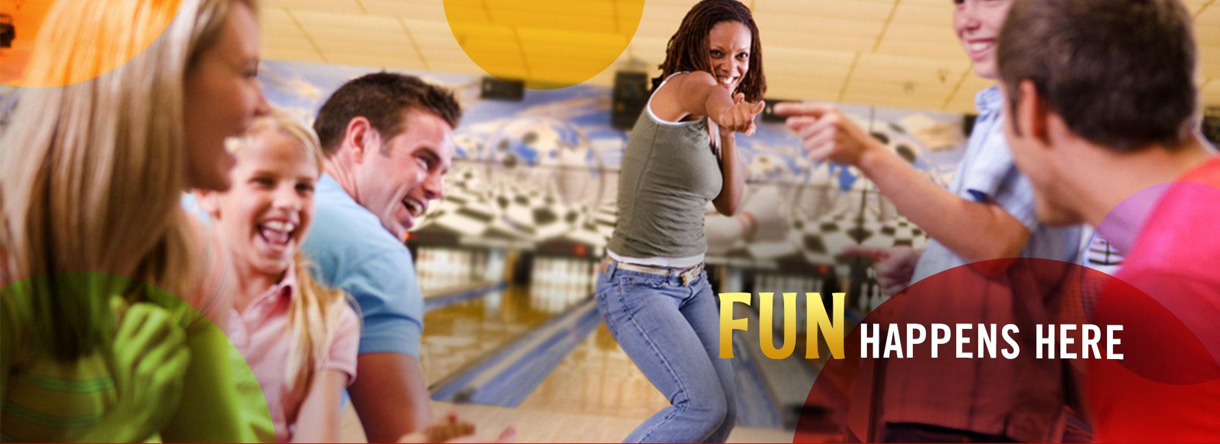 A diverse group of smiling people celebrating at a bowling alley with the text Fun Happens Here.
