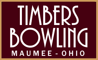 The Timbers Bowling logo with white Art Deco text on a burgundy background for the Maumee, Ohio location.