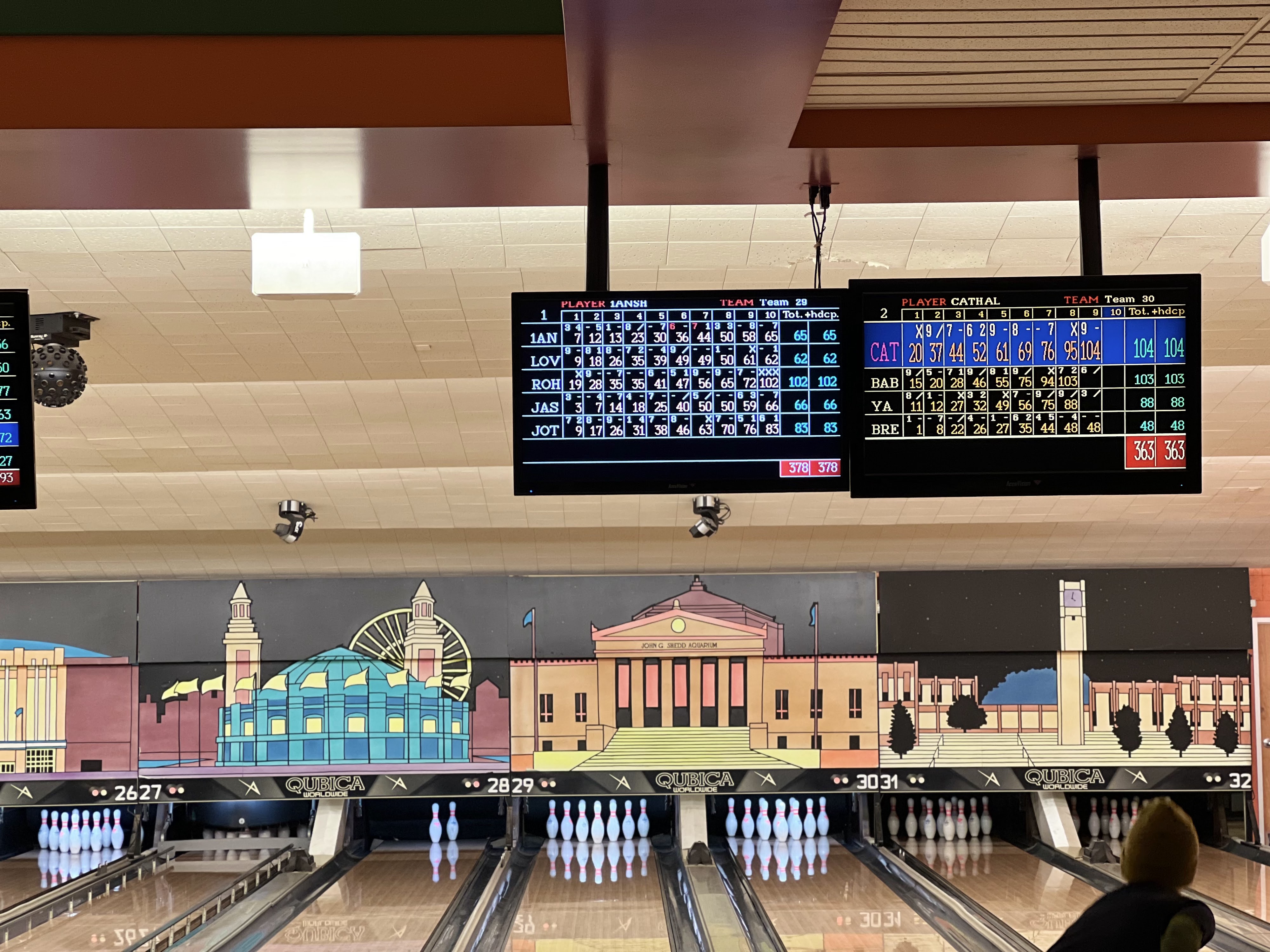 Six bowling lanes with digital scoring monitors and a Chicago-themed mural featuring the Shedd Aquarium.