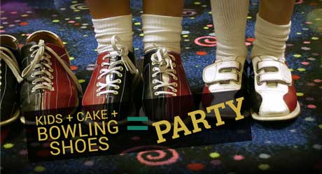 Two children in bowling shoes standing on a patterned carpet with text promoting bowling parties.