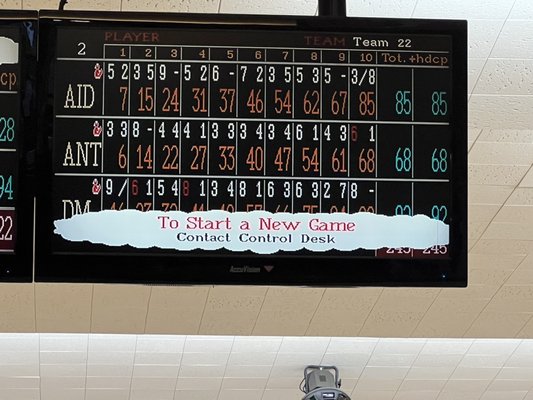 A digital overhead scoreboard at a bowling alley showing scores for three players.