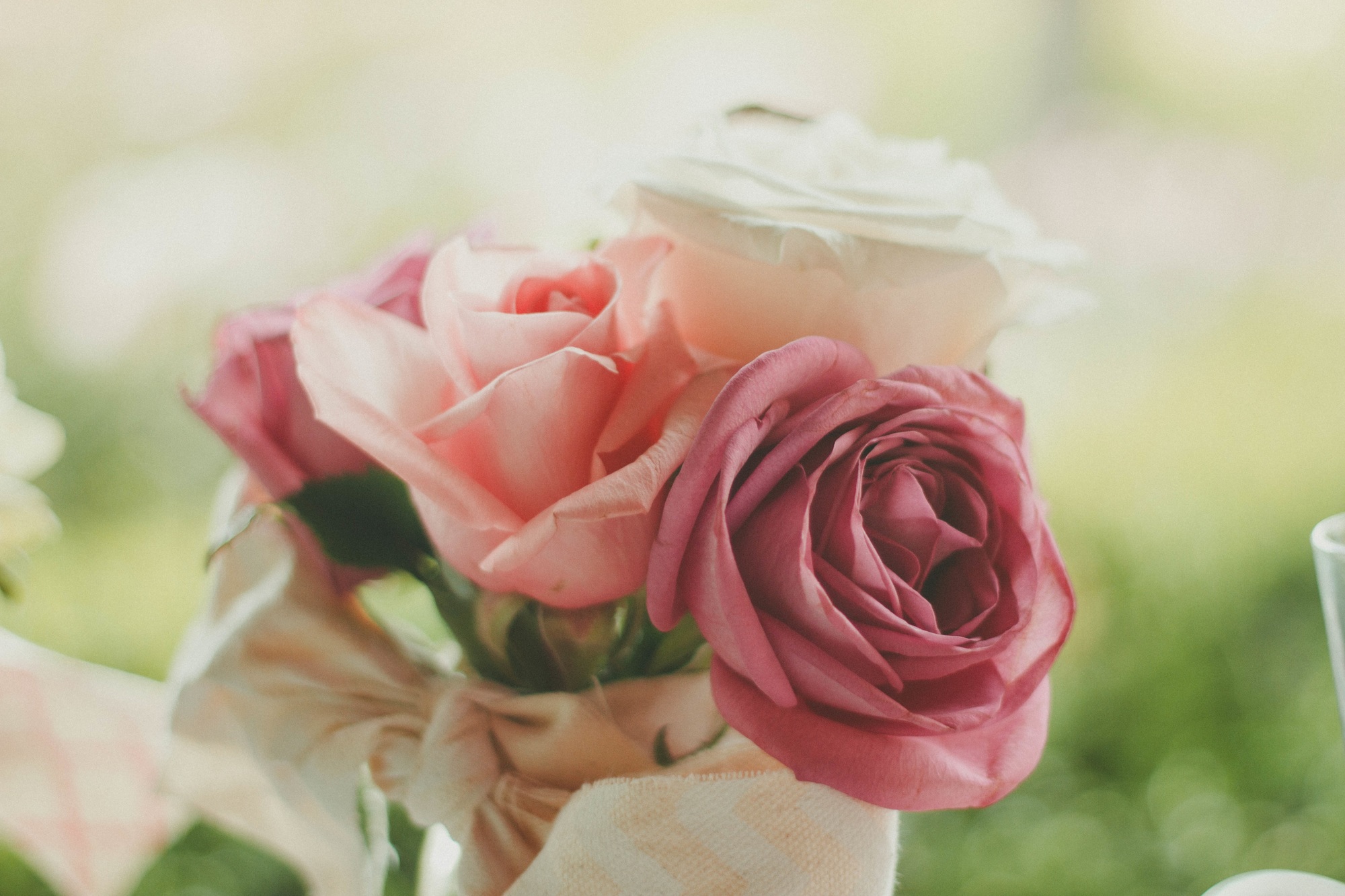 A close-up bouquet of pink, white, and magenta roses with a soft blurred background.