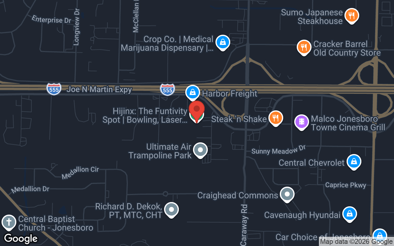 Map to Hijinx: The Funtivity Spot | Bowling, Laser Tag, Arcade Games, Ropes Course, Playground | JT's Grill Restaurant