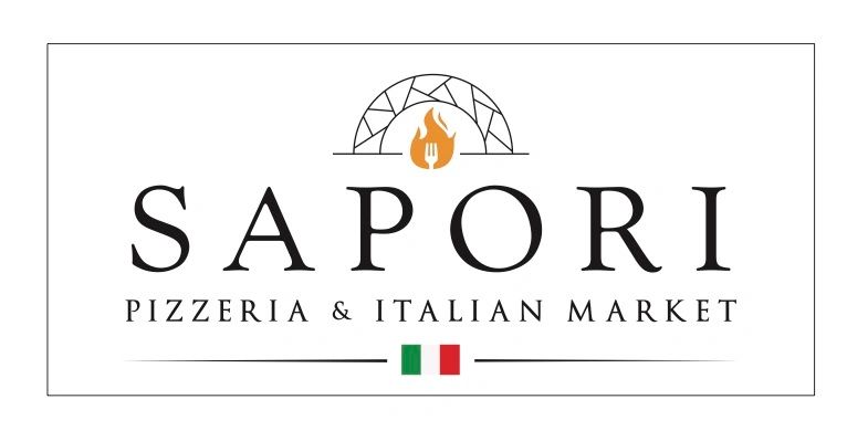 Logo for Sapori Pizzeria and Italian Market featuring a pizza oven icon and an Italian flag.
