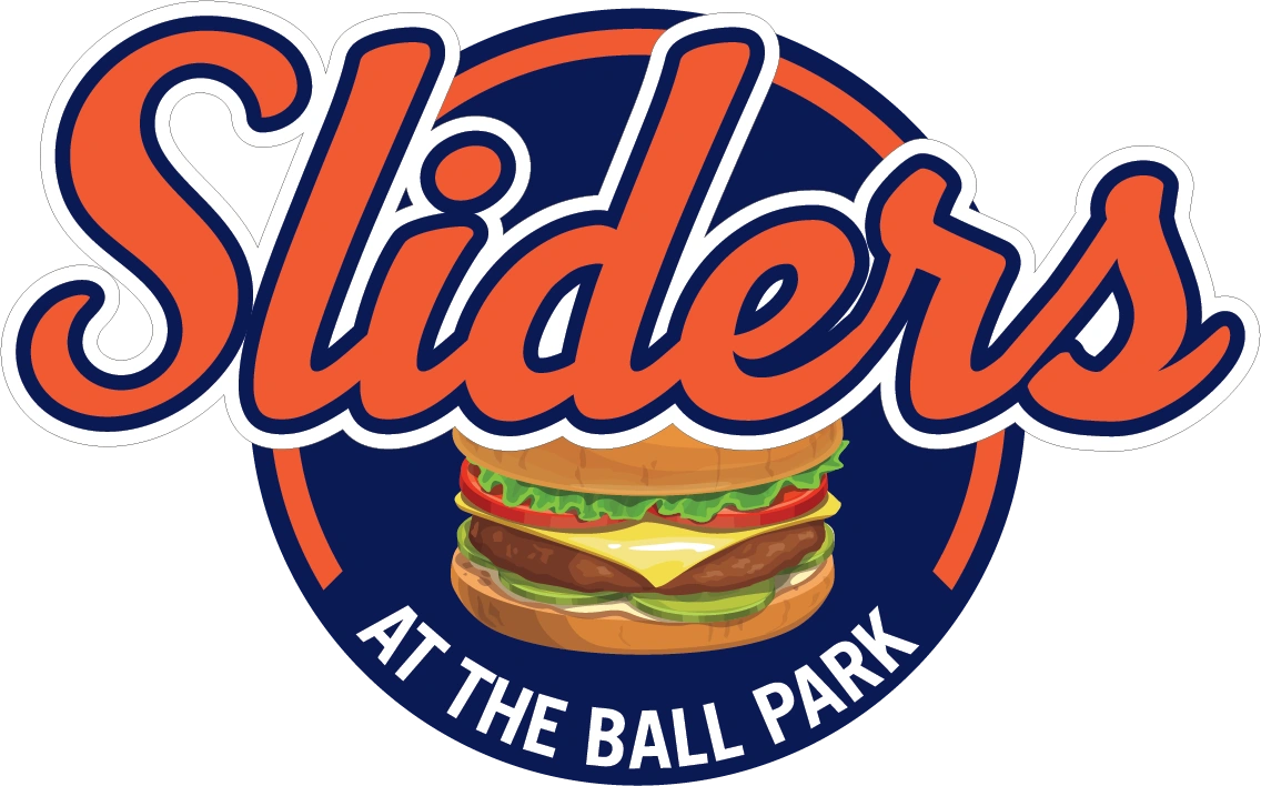 Logo for Sliders at the Ball Park featuring a cheeseburger illustration and orange script text.
