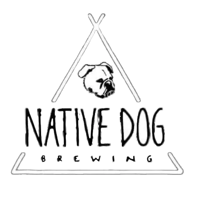 A monochrome logo for Native Dog Brewing, featuring a bulldog head inside a teepee outline.