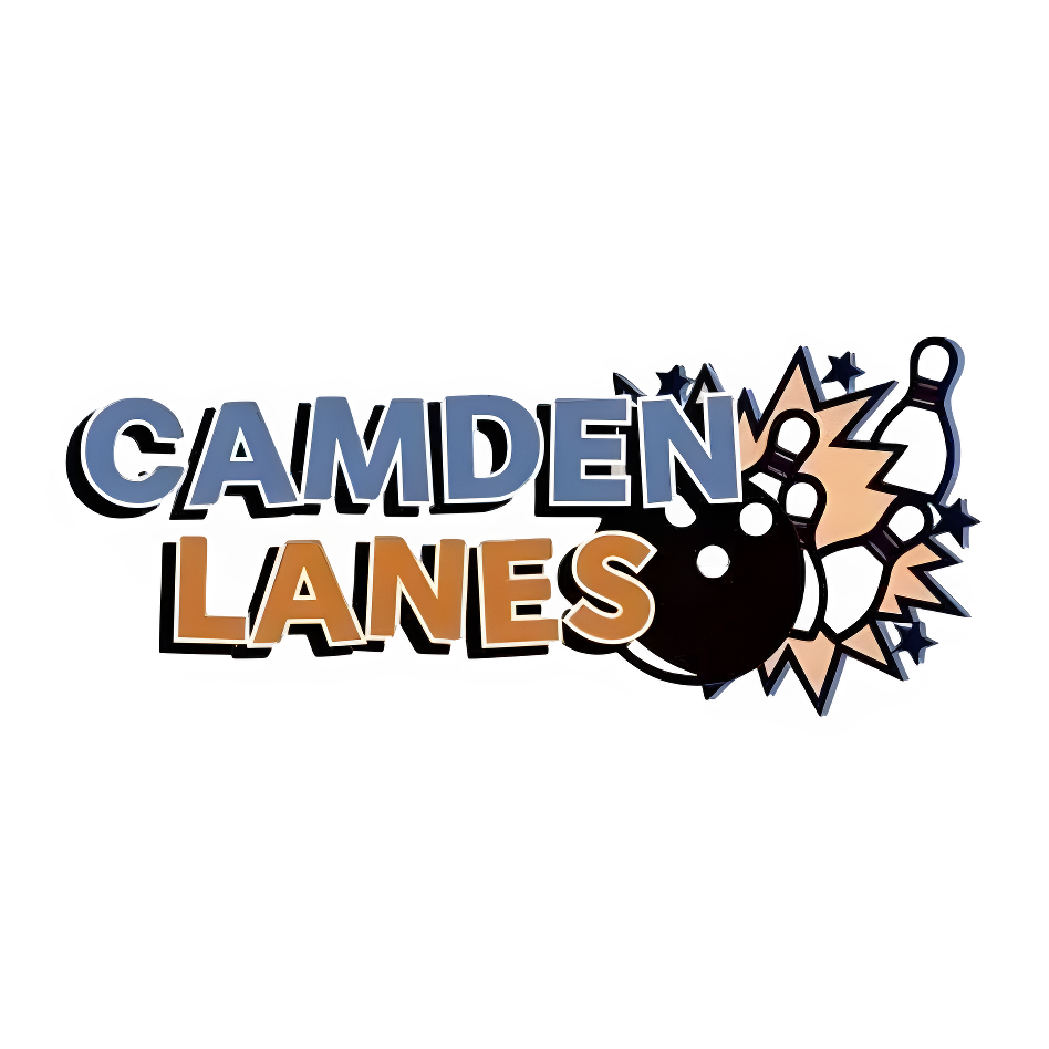 The Camden Lanes logo, featuring the name in blue and orange text with a bowling ball striking pins and stars.