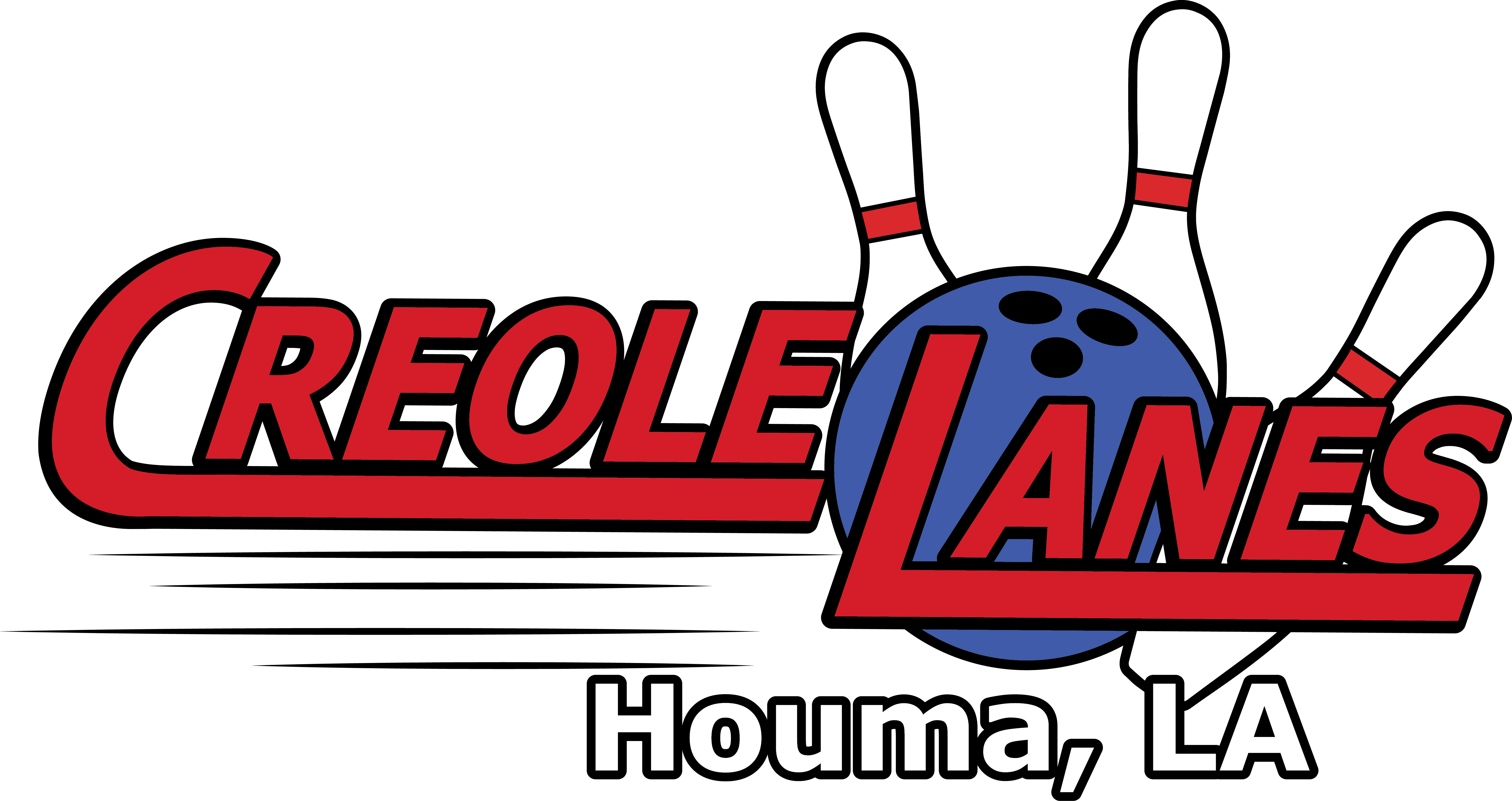 The Creole Lanes logo for Houma, LA, featuring a blue bowling ball and three white and red pins.