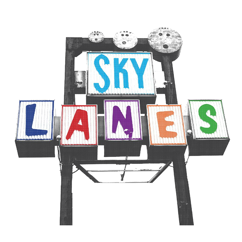A colorful graphic illustration of the Sky Lanes vintage-style road sign on a white background.