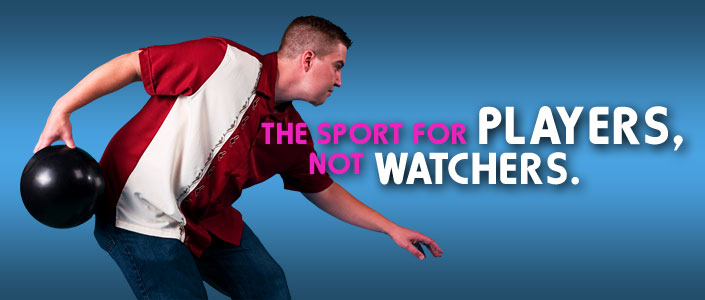 A man in a red bowling shirt holding a black bowling ball against a blue background with promotional text.
