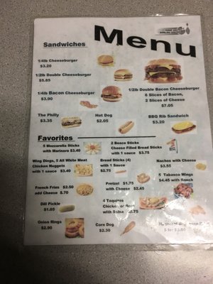 A snack bar menu for Terre Haute Bowling Center listing various sandwiches and appetizers with prices.