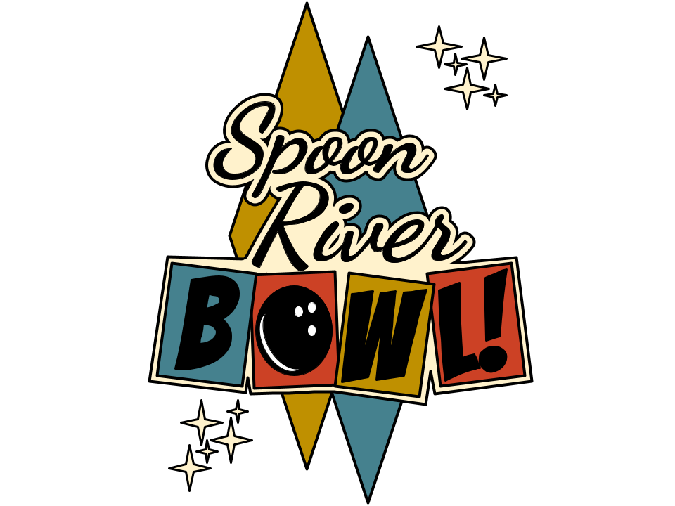 A retro-style logo for Spoon River Bowl featuring cream, teal, red, and mustard yellow colors with starburst accents.