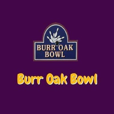 Burr Oak Bowl logo featuring white bowling pins on a blue shield against a purple background.