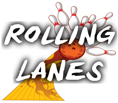 Logo for Rolling Lanes featuring a bowling ball hitting pins over a flaming yellow lane graphic.