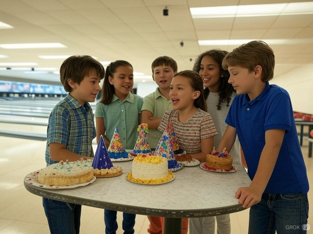 Six children celebrate a birthday with cakes and party hats at a bowling alley with lanes in the background.