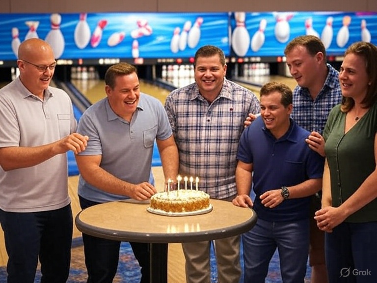 A group of friends smiling around a birthday cake with lit candles at a bowling alley.