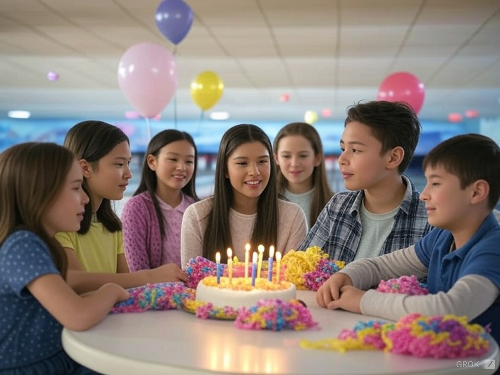 A group of smiling children gather around a birthday cake with lit candles at a bowling alley.
