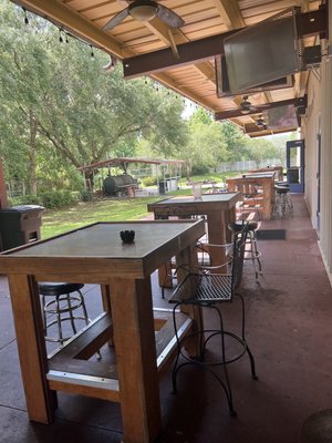 Outdoor covered patio with high-top wooden tables and bar stools overlooking a grassy lawn.