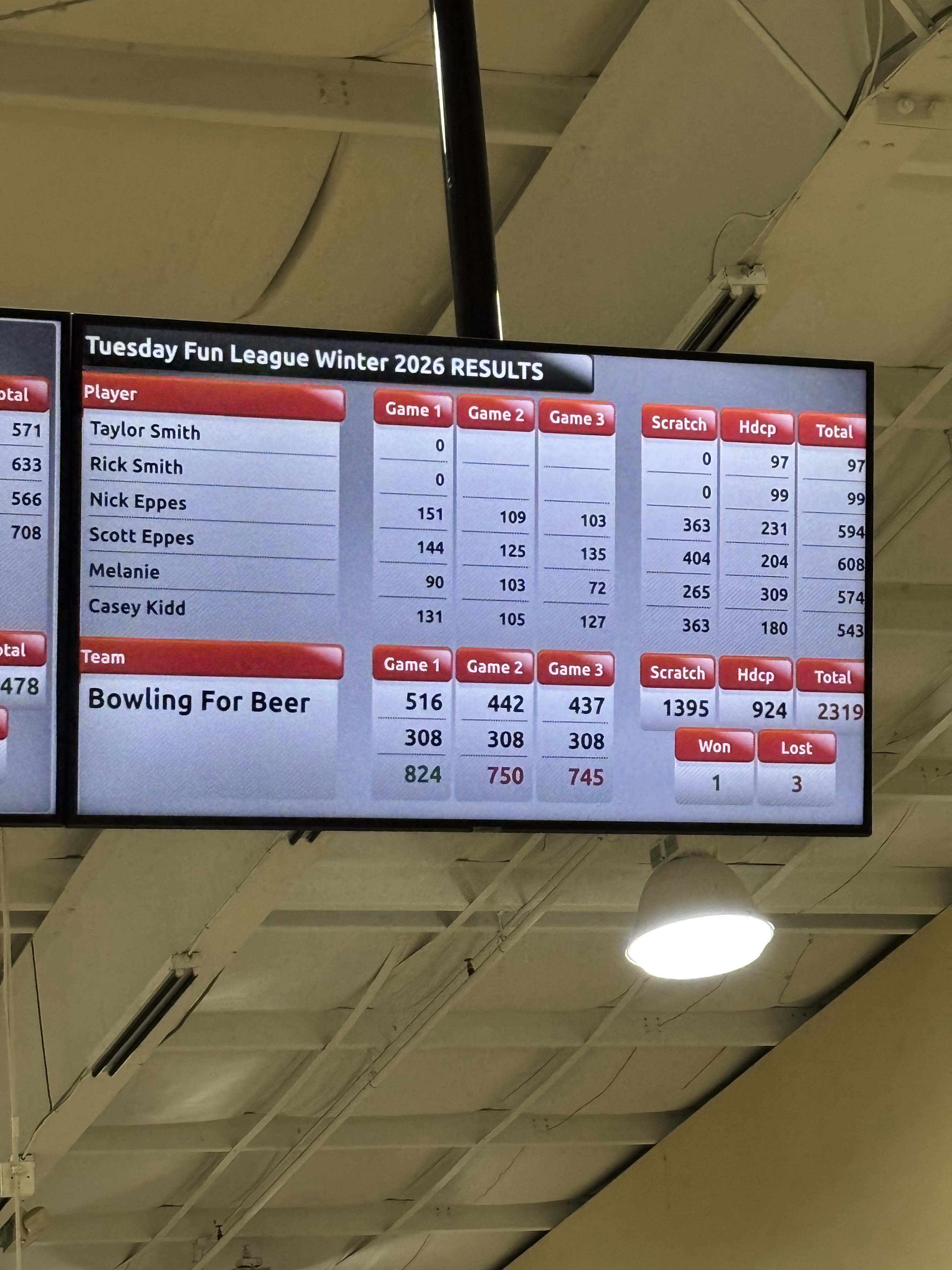 A digital scoreboard showing Tuesday Fun League Winter 2026 results for the team Bowling For Beer.