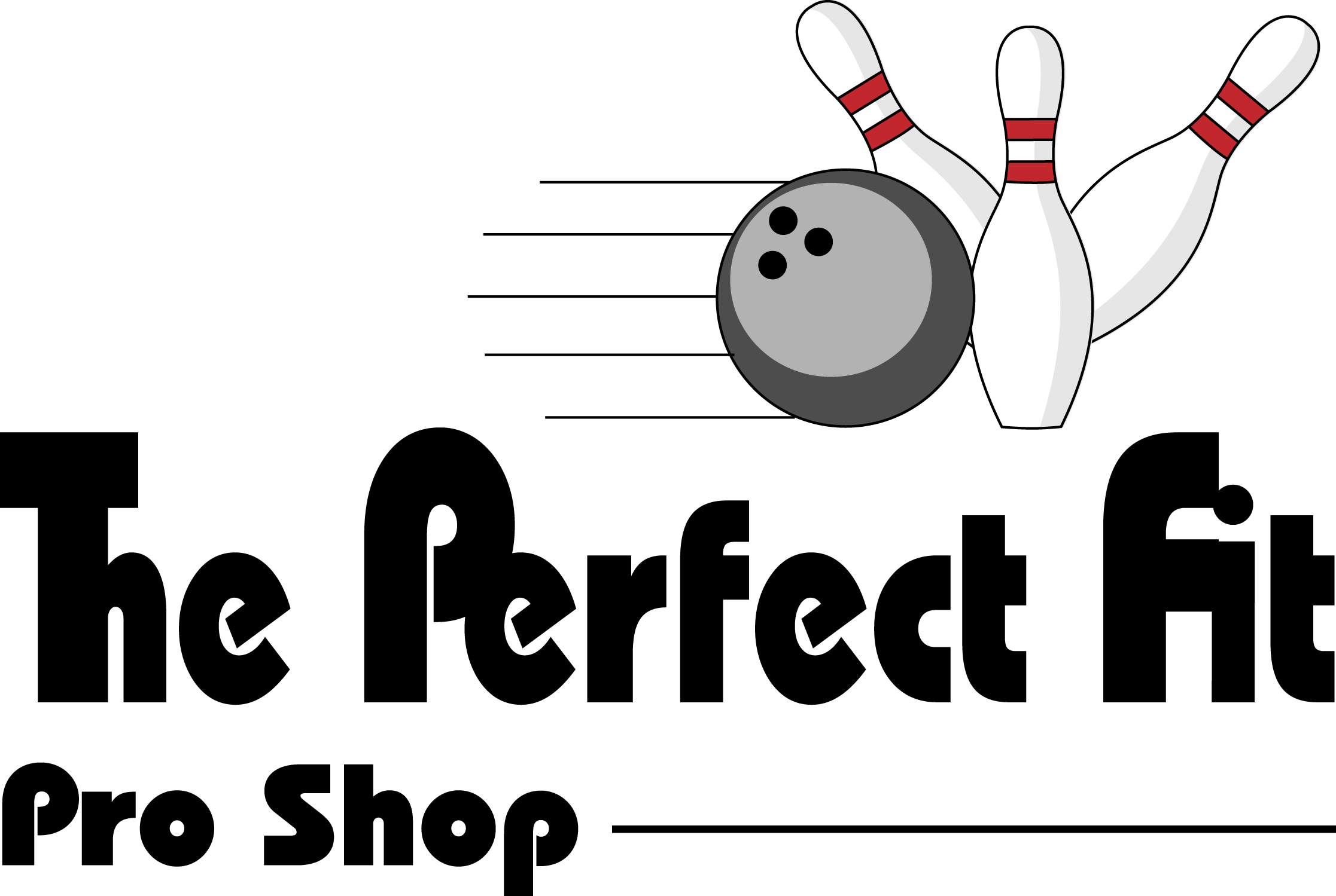 Logo for The Perfect Fit Pro Shop featuring a bowling ball striking pins.